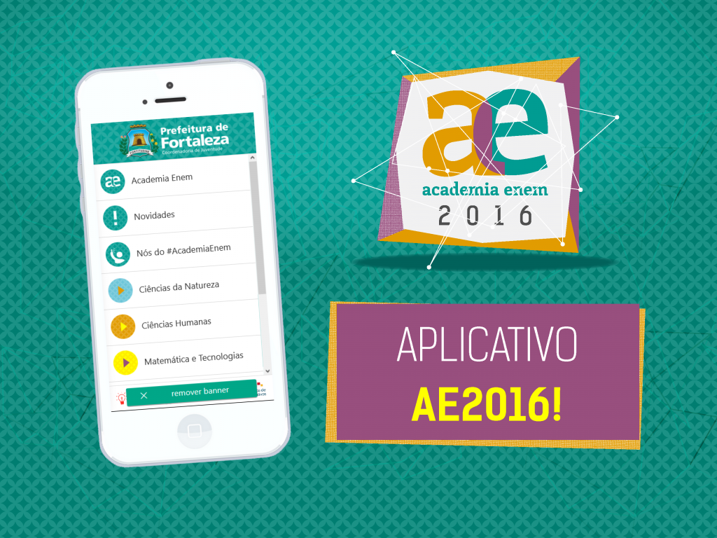 Fundo verde com celular com o aplicativo Academia Enem aberto. Ao lado tem a logo do Academia Enem 2016 e em baixo, um texto escrito "Aplicativo AE2016!".